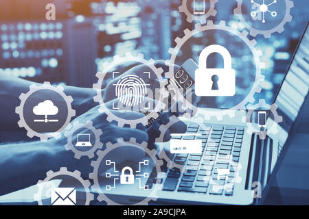 Internet Network Security Konzept mit Ikonen der sicheren Zugriff, Biometrie passwort Technologie, Daten Schutz gegen Cyber Attack, der Cybersicherheit Stockfoto