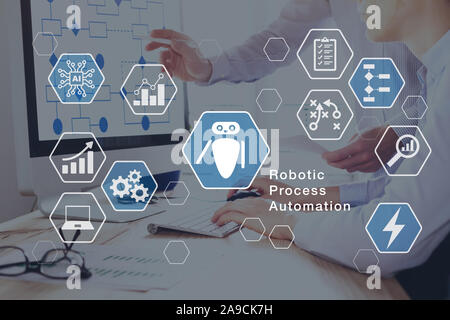 Robotic Process Automation (RPA) Technology Business Aufgaben automatisieren mit direkter Integration von Robotern in Unternehmen Software User Interface Konzept mit Stockfoto