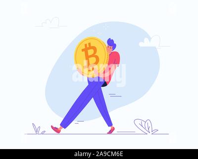 Junger Mann Tragen von schweren goldenen Symbol der bitcoin. Flache moderne Konzept Vector Illustration der Last der online Bergbau, cryptocurrency und blockchain. Stock Vektor