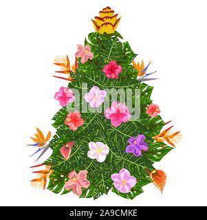 Tropische Weihnachten. Weihnachtsbaum aus tropischen Palmen Blätter und monstera Stock Vektor
