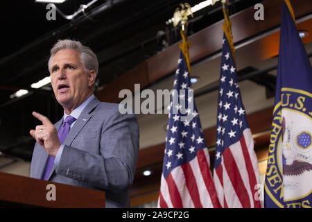 November 14, 2019, Washington, District of Columbia, USA: United States House Minderheit Führer Kevin McCarthy (Republikaner von Kalifornien) spricht während einer Pressekonferenz auf dem Capitol Hill in Washington D.C., USA, am Donnerstag, 14. November 2019. (Bild: © stefani Reynolds/CNP über ZUMA Draht) Stockfoto