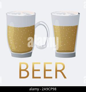 Zwei ealistisch Becher Bier mit den Worten Bier. Stock Vektor