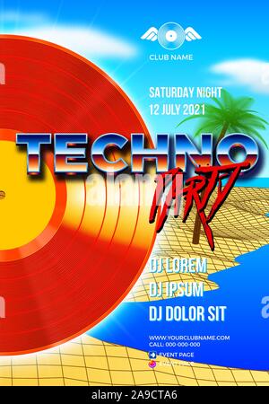 Beach Party Poster für Clubbing Tanz Veranstaltung mit 80s Retro oder Synth Wave style und Palmen. Stock Vektor