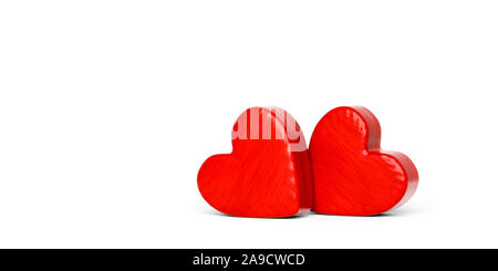 Zwei rote Herzen aus Holz auf einem weißen Hintergrund, 3D-Darstellung Stockfoto
