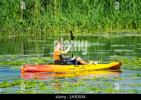 Freizeit Kajak und Kanu Bootsfahrer auf der Au Sable River in der Pinery Provincial Park in der Nähe von Goderich Ontario Kanada Stockfoto