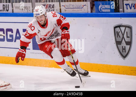 RIGA, Lettland. 14 Nov, 2019. Artyom Fyodorov, während Kontinental Hockey League (KHL) 2019/2020 Saison Spiel, Dinamo Riga gegen Spartak Moskau Credit: gints Ivuskans/Alamy leben Nachrichten Stockfoto