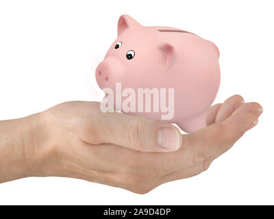 Sparen Sie Geld Sparschwein und Hand Stockfoto
