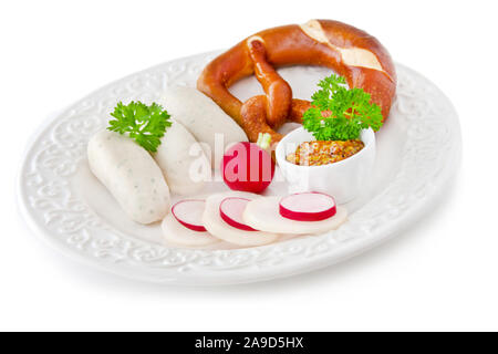 Bayrische Küche Weißwürste und Pretzel Stockfoto