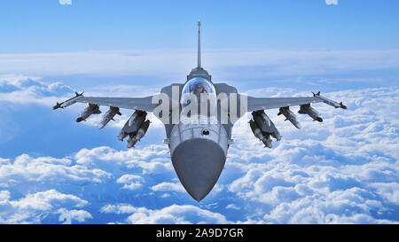 Fighter jet Flugzeug im Flug, Militärflugzeuge, Armee Flugzeug im Himmel mit Wolken, vorne, oben, 3D-rendering Fliegen