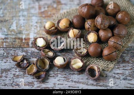 Selektiver Fokus. Macadamia-Nüsse die härtesten Nüsse der Welt. Keto-Diät. Keto Snack. Stockfoto