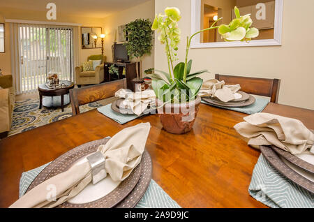 Das Esszimmer und das Wohnzimmer präsentieren die offenen Grundriss im Herbst Wald Apartments auf Foreman Road in Mobile, Alabama. Stockfoto