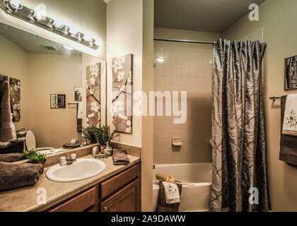 Ein Badezimmer Waschbecken und Badewanne sind im Cypress Cove Apartment Wohnungen in Mobile, Alabama. Der Apartmentkomplex ist im Besitz von Sealy betrieben. Stockfoto