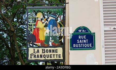 Kommerzielle zeichen La Bonne Franquette in der Rue Saint Rustique, Montmartre, Paris, Ile de France, Frankreich Stockfoto