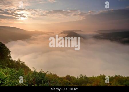 Die Saar Schleife Mettlach im Morgennebel, Saarland, Deutschland Stockfoto