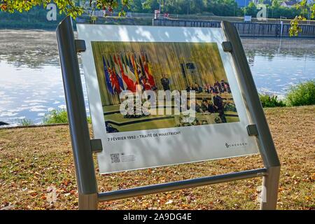 Informationen über die Maastrichter Verträge im Europäischen Museum in Schengen, Kanton Remich, Mosel, Luxemburg Stockfoto