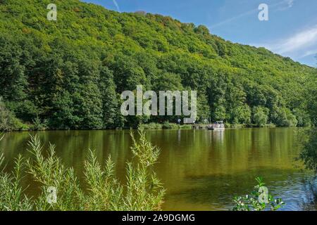 Ausblick auf der Fähre Welles an der Saar Schleife in der Nähe von Dreisbach, Mettlach, Saarland, Deutschland Stockfoto