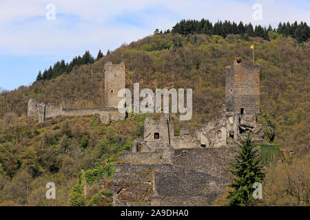 Burgruine Niederburg und Oberburg, Burgen von Manderscheid, Manderscheid, Eifel, Rheinland-Pfalz, Deutschland Stockfoto