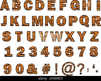 Alphabet mit Tiger Skin Textur. tiger Buchstaben und Zahlen auf weissem Hintergrund. tiger Font. Stock Vektor