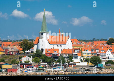 Bornholm, Rønne, Hafen, Blick auf die Altstadt, Kirche Stockfoto