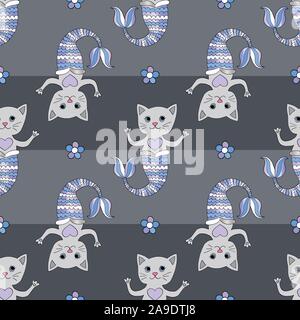 Cat mermaid Vektor nahtlose Muster. Hand abstract Cartoon girly kitty Hintergrund dargestellt. Schwimmen Cute Pets Zeichen. Stock Vektor