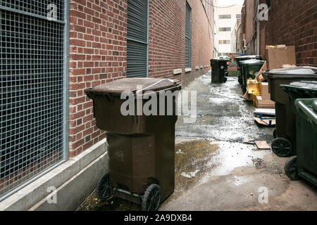 Mülltonnen und recycling Bins in einer Stadt Gasse mit Kartons und Papierkorb Stockfoto