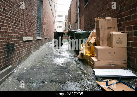 Mülltonnen und recycling Bins in einer Stadt Gasse mit Kartons und Papierkorb Stockfoto