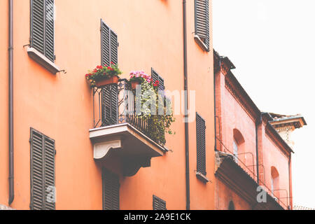 Ein metall Balkon mit blühenden Blumen in Bologna, Italien, Europa Stockfoto