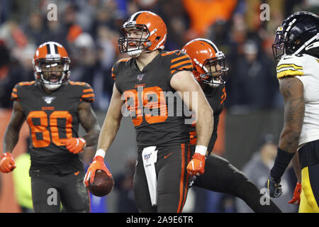 Cleveland, USA. 15 Nov, 2019. Cleveland Browns Stephen Carlson (89) feiert eine Touchdownverriegelung im vierten Quartal gegen die Pittsburgh Steelers an FirstEnergy Stadion in Cleveland, Ohio am Donnerstag, 14. November 2019. Foto von Aaron Josefczyk/UPI Quelle: UPI/Alamy leben Nachrichten Stockfoto