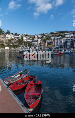 Bunte Fischerboote im Hafen von Luarca, Asturien, Costa Brava, Spanien Stockfoto