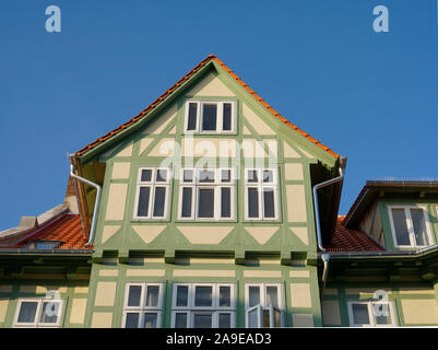 Deutschland, Niedersachsen, Wolfenbüttel, Altstadt, grüne Fachwerkhaus, Dachgauben, Detail Stockfoto