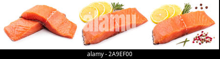 Filet von der roten Fisch Lachs mit Zitrone und Rosmarin auf weißem Hintergrund. Eingestellt oder Sammlung Stockfoto