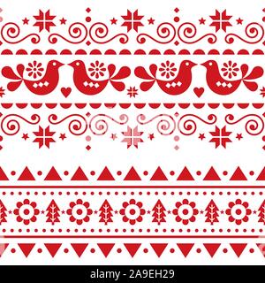 Skandinavische Weihnachten folk nahtlose Vektor lange Muster, sich wiederholende Winter cute Nordic Design mit Vögeln, Weihnachtsbäume, Schneeflocken und Blumen Stock Vektor