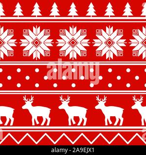 Nordic nahtlose Muster. Rote und weiße Textur winter Pullover. Vector lieferbar Abbildung: Rotwild wiederholen Ornament. Surface design Weihnachten. Stock Vektor