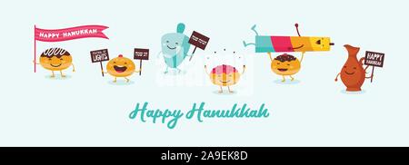 Gruß Banner für jüdische Feiertag Hanukkah. Lustige Figuren mit traditionellen Symbole Kerze, Dreidel, Öl Kanne und Chanukka Donuts Stock Vektor