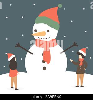 Cute urlaub Vector Illustration mit glücklichen kleinen Menschen und wunderschönen großen Schneemann Stock Vektor