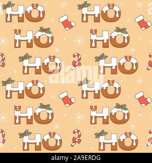 Ho Ho Ho Text mit weihnachtsbrief mit Schnee, Glocken und Mistel Urlaub nahtlose Vektor Muster hintergrund abbildung eingerichtet Stock Vektor