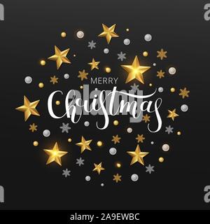 Grußkarte, Einladung mit ein Frohes neues Jahr 2020 und Weihnachten. Schriftzug frohe Weihnachten. Metallic gold Sterne, shimmeringon einen schwarzen Hintergrund. Vec Stock Vektor