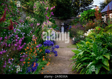 Die Dillon Garten, Helen Dillon, Dun Mhuire, Staudenbeet, üppige Bepflanzung, Salvia, Geranien, Stauden, Rittersporn, Pfad Plantswoman, Seaf Stockfoto