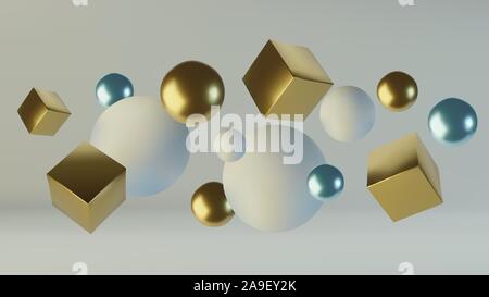 Realistische Kugeln und Würfel. Zusammenfassung Hintergrund der Primitiven geometrischer Figuren. Element der Gestaltung von 3d-goldenen und blauen Ball und Box. Vektor Stock Vektor