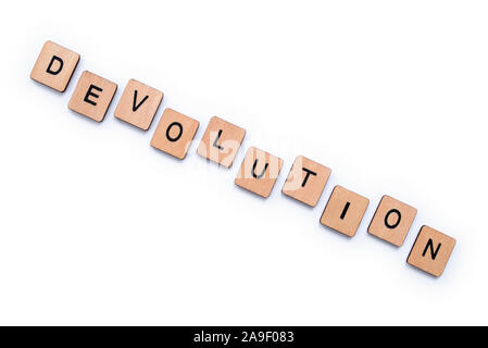 Das Wort DEVOLUTION, Dinkel mit hölzernen Buchstabensteine über einen weißen Hintergrund. Stockfoto