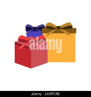 Boxen der Geschenke für das neue Jahr auf einem weißen Hintergrund. Bunte Rot, Blau, Gelb Stock Vektor