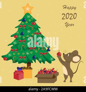 Maus mit Weihnachten Spielzeug in der Nähe der Weihnachtsbaum. Cartoon cute Abbildung. Urlaub Postkarte Stock Vektor