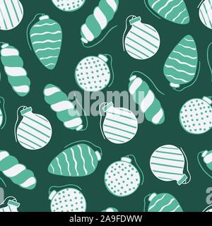 Nahtlose Muster mit Hand gezeichnet doodle Abbildung: Christbaumschmuck. Neues Jahr und Weihnachten Baum Vektor Dekoration auf dunklem Grün backgrou Stock Vektor