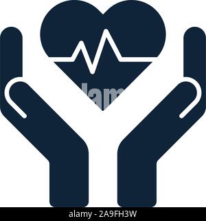 Hände und Palmen und Herzschlag, Puls im inneren Herzen formen. Gesundheit, Liebe, Aufmerksamkeit Symbol. Die menschliche Gesundheit medizinische Unterstützung Symbole. Health Care oder prot Stock Vektor