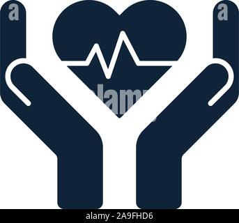 Hände und Palmen und Herzschlag, Puls im inneren Herzen formen. Gesundheit, Liebe, Aufmerksamkeit Symbol. Die menschliche Gesundheit medizinische Unterstützung Symbole. Health Care oder prot Stock Vektor