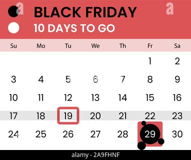 Schwarzer Freitag Banner als Kalender mit Countdown - 10 Tage zu gehen. Warten auf 2019 Schwarzer Freitag. Zählen Sie die Tage. Vector Illustration Stock Vektor