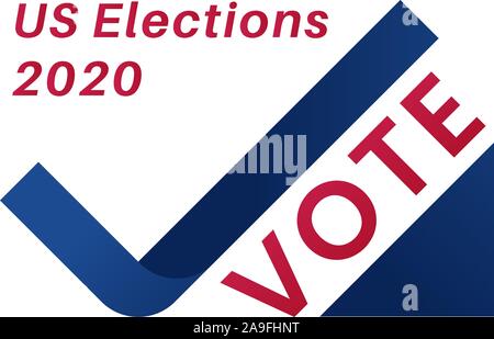 US Wahlen 2020 Häkchen unterzeichnen. American Presidential Wahl 2020. Abstimmung Wort. Farbverlauf blau gefärbten Symbol. Häkchen als Band, Band, Strip. Ok sig Stock Vektor