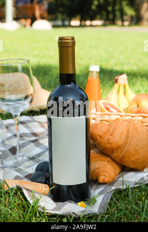 Picknick Komposition mit Wein und Essen gegen grüne Gras, Platz für Text Stockfoto