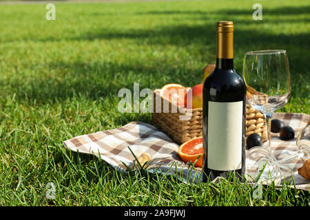 Picknick Komposition mit Wein und Essen gegen grüne Gras, Platz für Text Stockfoto