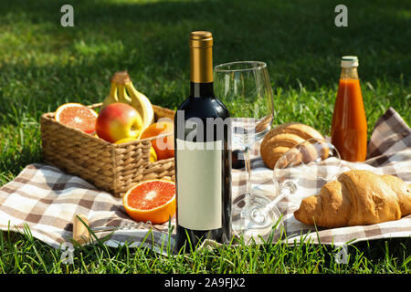 Picknick Komposition mit Wein und Essen gegen grüne Gras, Platz für Text Stockfoto